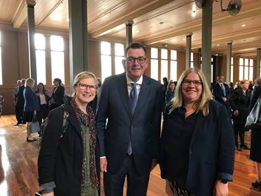 Satellite CEO Rose Cuff with Victoria Premier Dan Andrews. They are smiling at the camera. 
